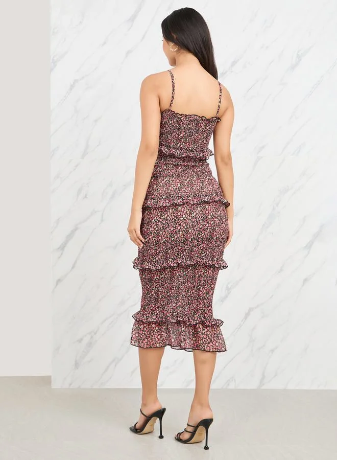 Styli Ditsy Floral Print Smocked Ruffle Detail Bodycon Midi Dress