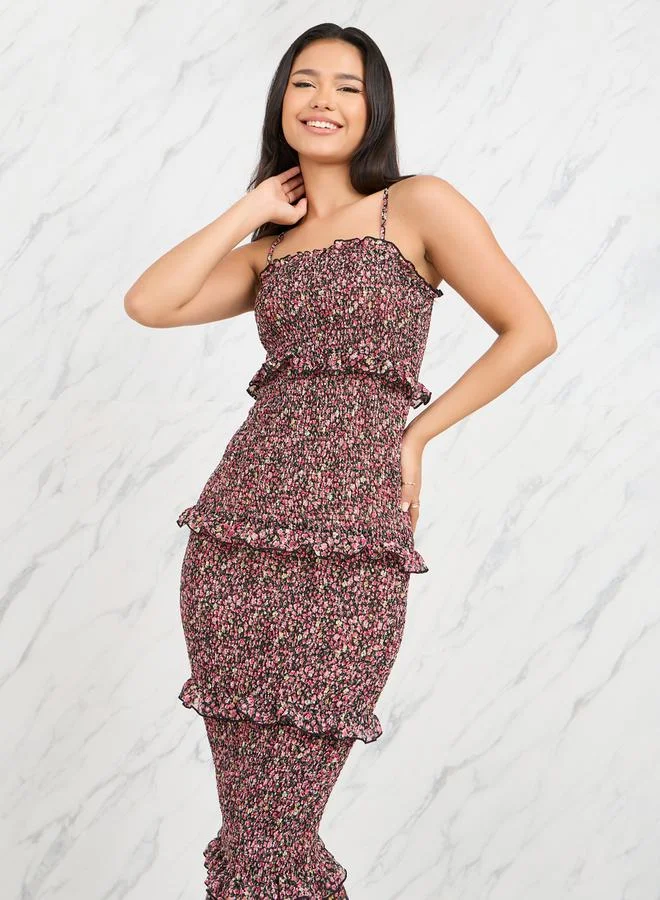 Styli Ditsy Floral Print Smocked Ruffle Detail Bodycon Midi Dress