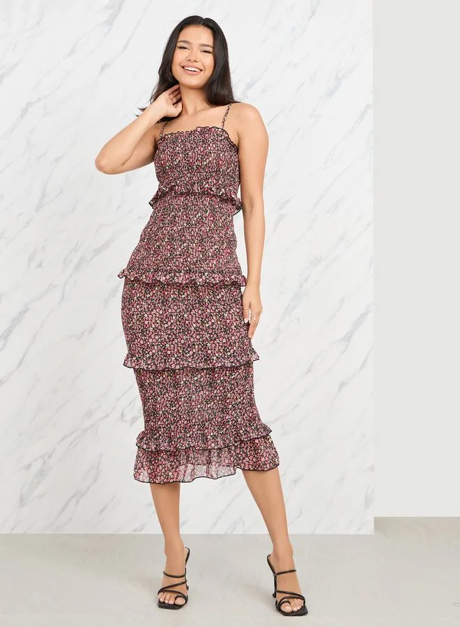 Styli Ditsy Floral Print Smocked Ruffle Detail Bodycon Midi Dress