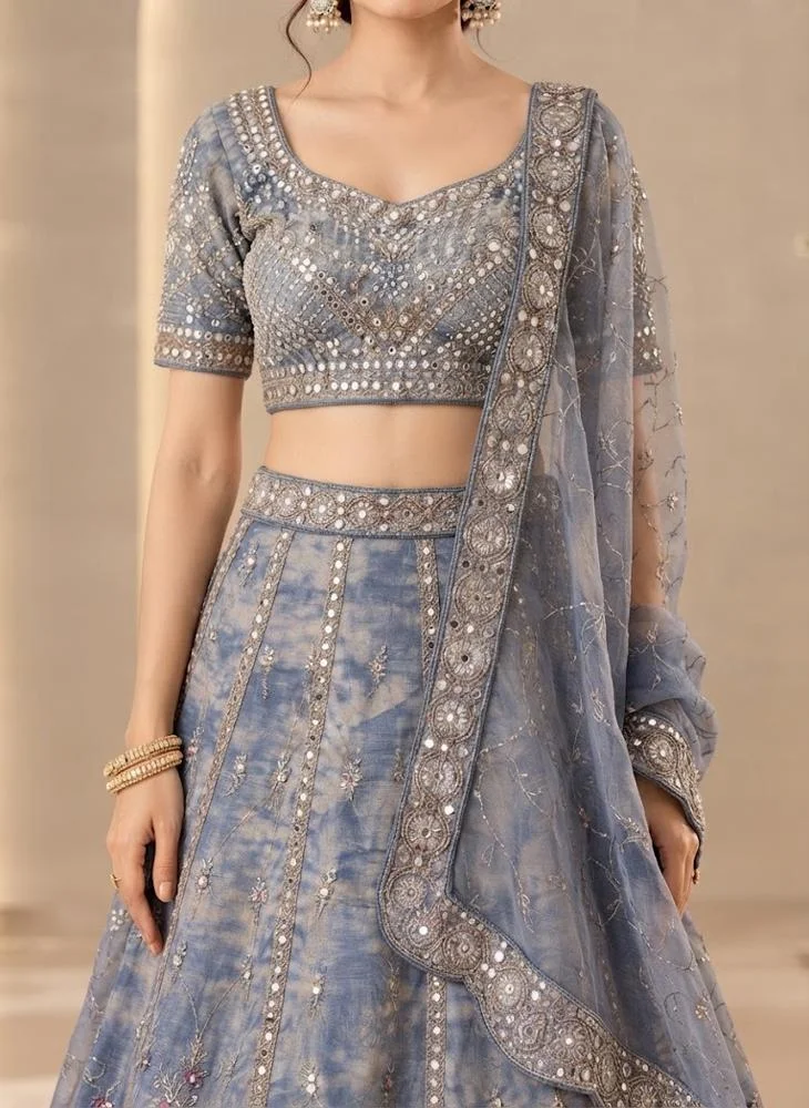 Viny VINY Slate Blue 3-Piece Tie-Dye Embroidered Lehenga Set – Women's Indian Ethnic Wear
