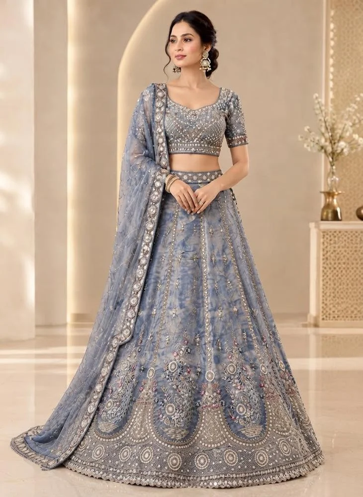 Viny VINY Slate Blue 3-Piece Tie-Dye Embroidered Lehenga Set – Women's Indian Ethnic Wear