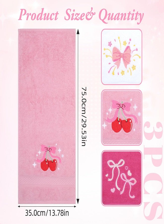 Ovveroche 3 Pcs Decorative Bow Hand Towels Cute White Pink Bowknot Coquette Dish Towels Embroidered Bathroom Towel Soft 100% Cotton Absorbent 13.78 x 29.53 Inch - Image 2