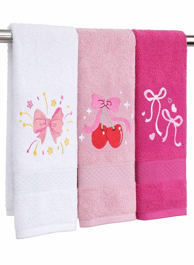Ovveroche 3 Pcs Decorative Bow Hand Towels Cute White Pink Bowknot Coquette Dish Towels Embroidered Bathroom Towel Soft 100% Cotton Absorbent 13.78 x 29.53 Inch - Image 1
