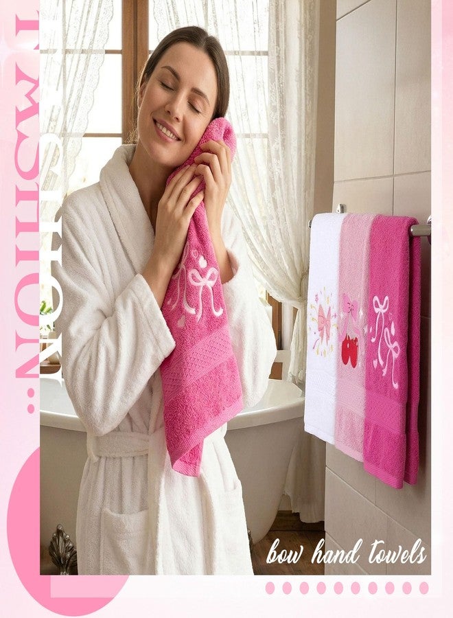 Ovveroche 3 Pcs Decorative Bow Hand Towels Cute White Pink Bowknot Coquette Dish Towels Embroidered Bathroom Towel Soft 100% Cotton Absorbent 13.78 x 29.53 Inch - Image 5