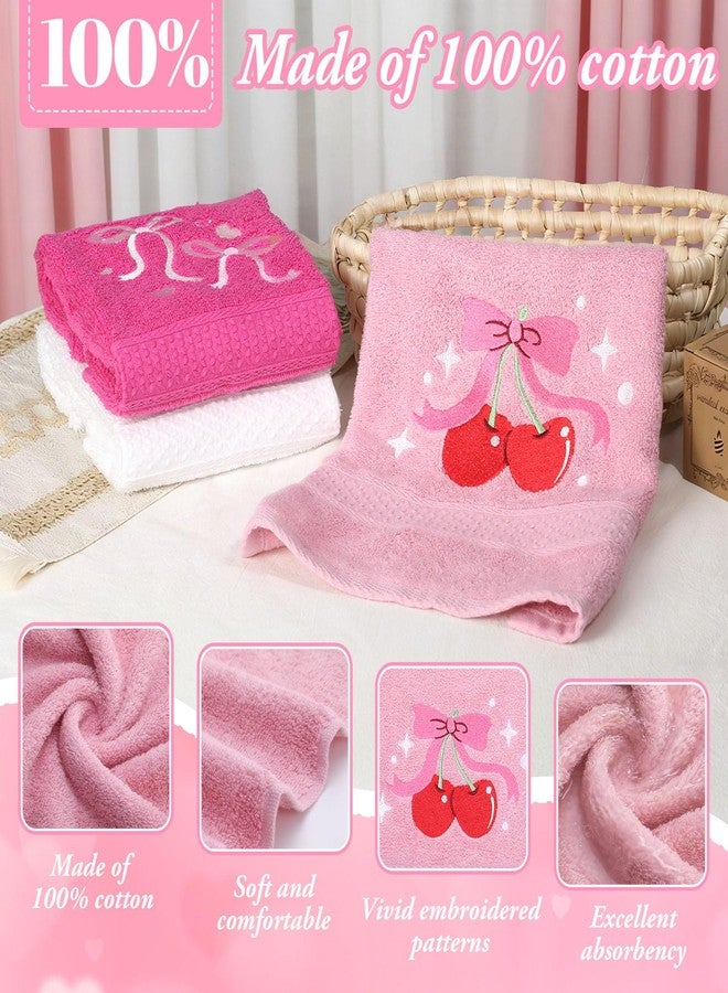 Ovveroche 3 Pcs Decorative Bow Hand Towels Cute White Pink Bowknot Coquette Dish Towels Embroidered Bathroom Towel Soft 100% Cotton Absorbent 13.78 x 29.53 Inch - Image 3