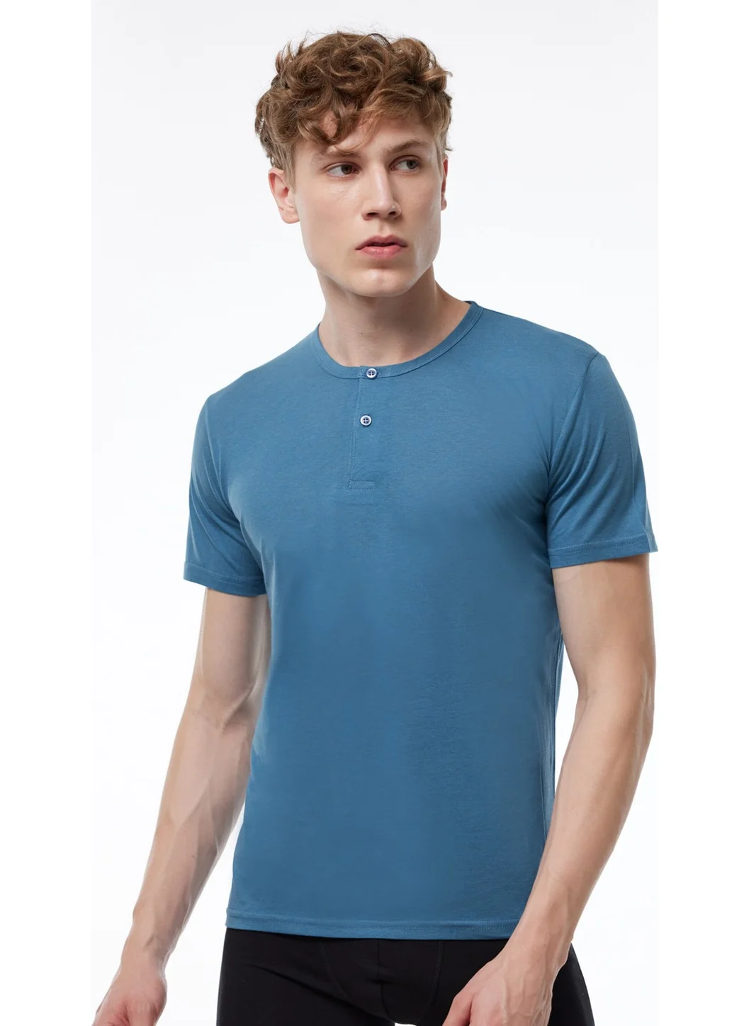 Malabadi Men's Blue Button-down Collar Thin Modal Summer Cool T-shirt 083