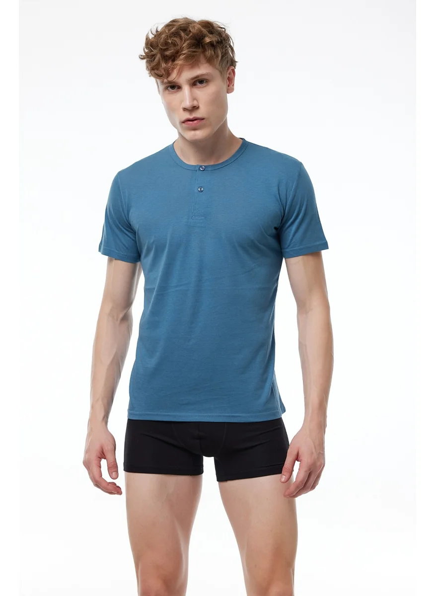 Malabadi Men's Blue Button-down Collar Thin Modal Summer Cool T-shirt 083
