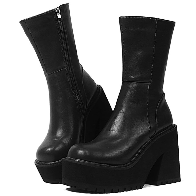 AMINUGAL Womens Wedge Heel Ankle Boots Platform Zipper Punk Motorcycle Booties Chunky Block High Heel Round Toe Fashion Work Combat Boots Mid Calf For Women - Image 1