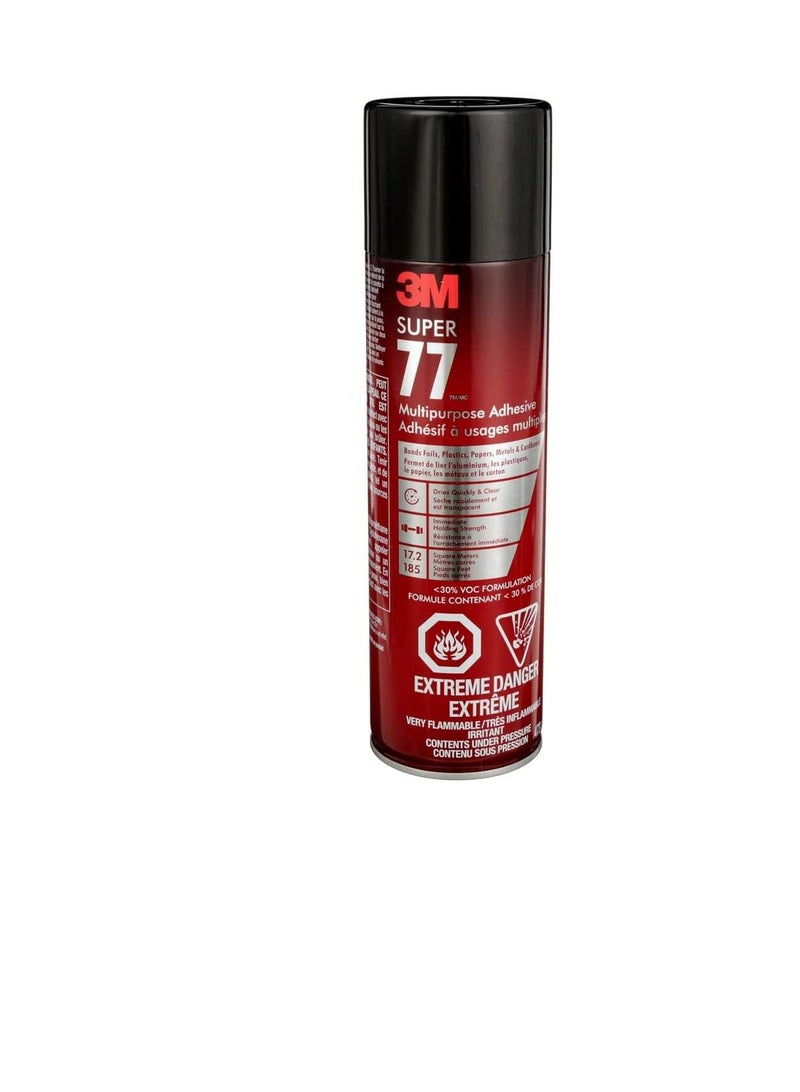 3M Super 77 Multipurpose Permanent Spray Adhesive Glue Paper Cardboard Fabric Plastic Metal Wood Net Wt 16.75 oz Black, 77-24 16.5 oz Can  - Image 1