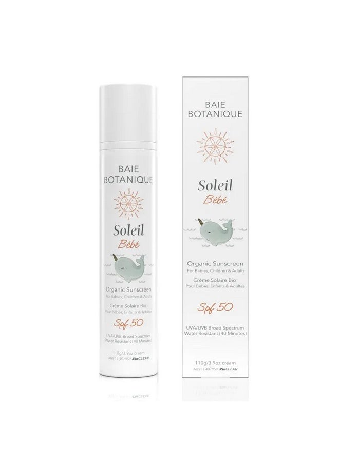 Baie Botanique - Soleil Bébé Organic Nontoxic Mineral Baby Sunscreen Spf 50 Sunflower & Jojoba Unscented Natural Vegan No White Cast Reef Safe Uva/Uvb 110G - Image 1