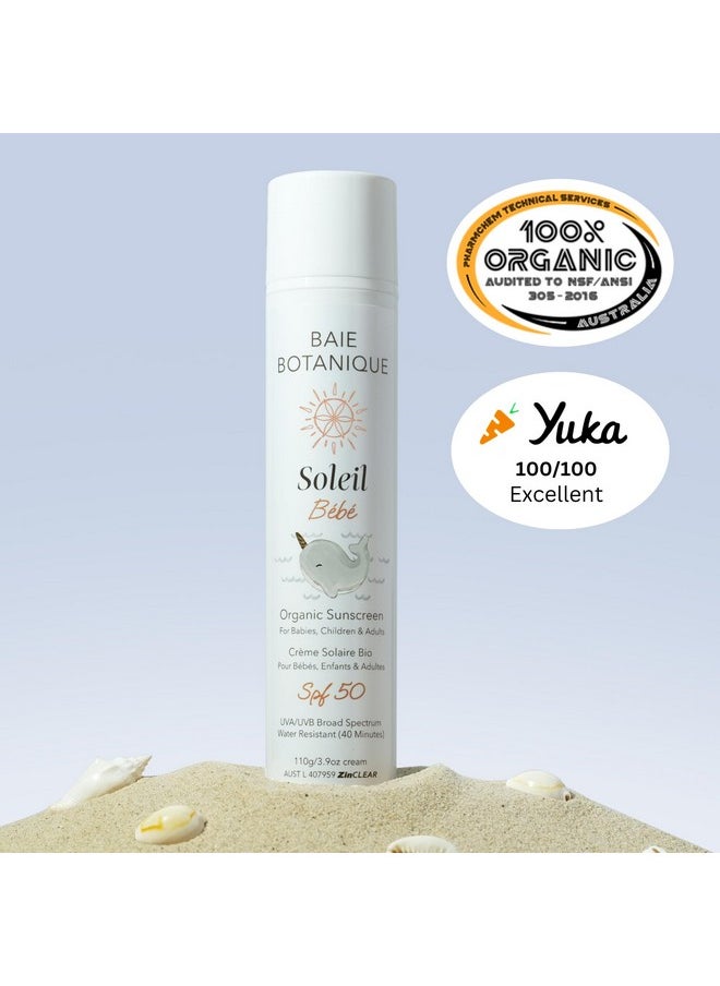 Baie Botanique - Soleil Bébé Organic Nontoxic Mineral Baby Sunscreen Spf 50 Sunflower & Jojoba Unscented Natural Vegan No White Cast Reef Safe Uva/Uvb 110G - Image 1