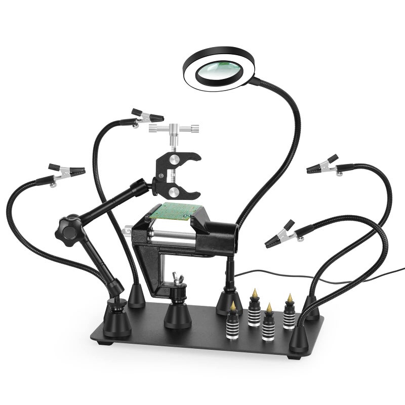 NOEVSBIG Magnetic Helping Hands Soldering Third Hand, PCB Circuit Board Holder with 3X LED Magnifying Lamp, 360 Hot Air Gun Holder, Extra Large & Heavy Duty Base Plate | Flexible Arms for Soldering Station - Image 1