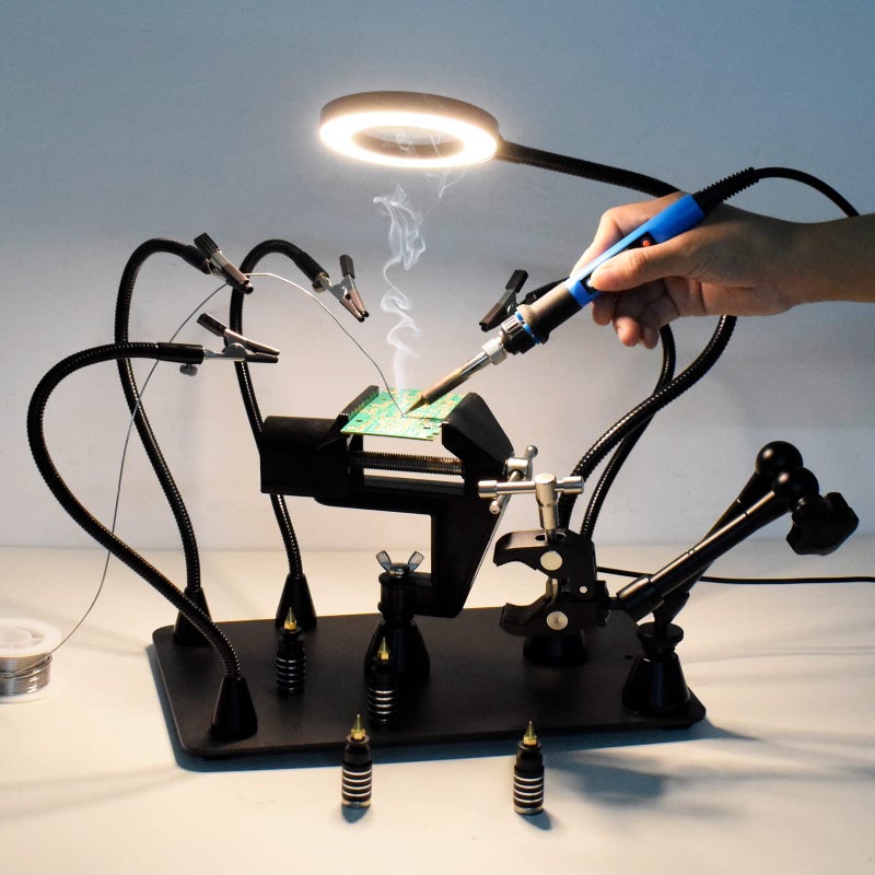 NOEVSBIG Magnetic Helping Hands Soldering Third Hand, PCB Circuit Board Holder with 3X LED Magnifying Lamp, 360 Hot Air Gun Holder, Extra Large & Heavy Duty Base Plate | Flexible Arms for Soldering Station - Image 2