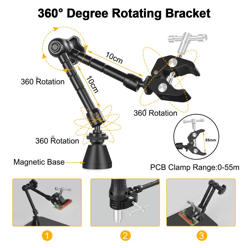 NOEVSBIG Magnetic Helping Hands Soldering Third Hand, PCB Circuit Board Holder with 3X LED Magnifying Lamp, 360 Hot Air Gun Holder, Extra Large & Heavy Duty Base Plate | Flexible Arms for Soldering Station - Image 3