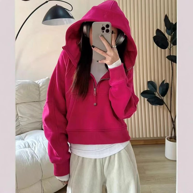 Generic Lulu Half-high Collar Sweater Casual Womens Autumn and Winter New Casual fleece-lined Womens Pullover Top Half-zipper Short Coat Raspberry red-half zip hooded