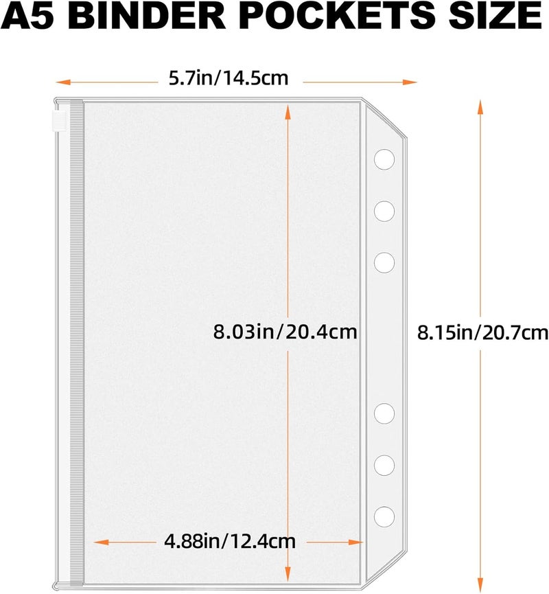 Antner 12PCS A5 Binder Pockets 6 Holes Budget Cash Envelopes for Budgeting, Clear Zipper Folders Planner Inserts Loose Leaf Bags Binder, Waterproof PVC Document Pouch Filing - Image 2