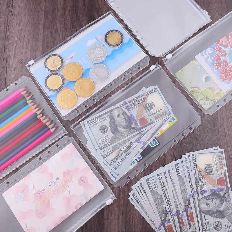 Antner 12PCS A5 Binder Pockets 6 Holes Budget Cash Envelopes for Budgeting, Clear Zipper Folders Planner Inserts Loose Leaf Bags Binder, Waterproof PVC Document Pouch Filing - Image 5