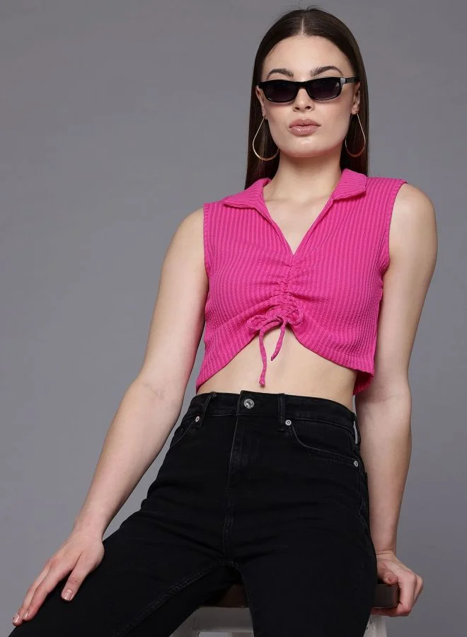 Women Regular Fit Textured Shirt Collar Sleeveless Crop Top