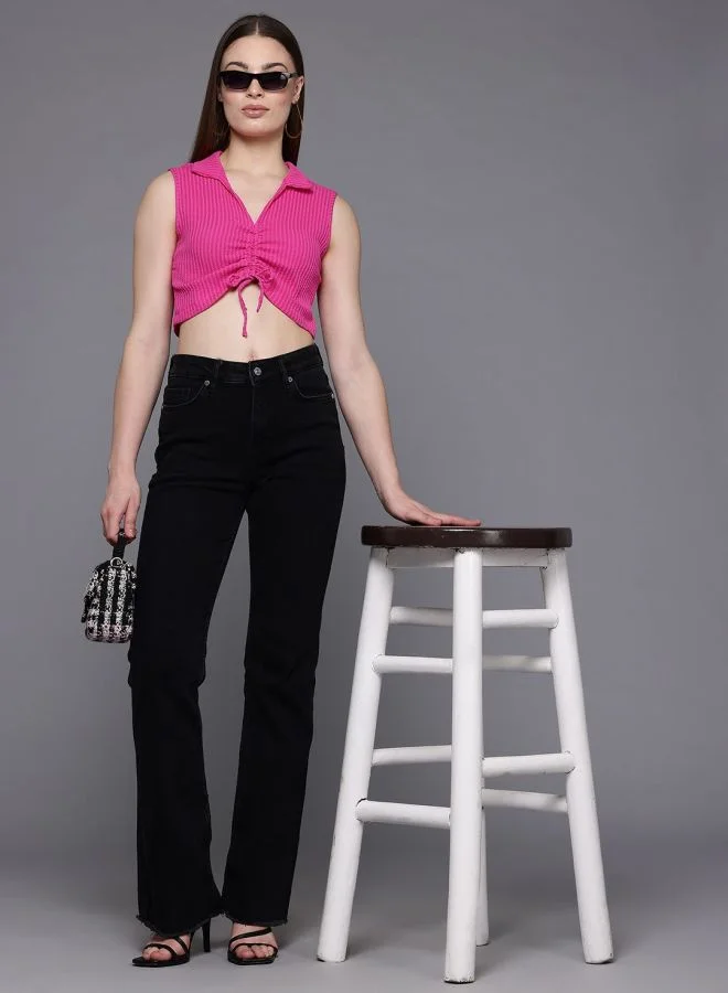 Freehand  Women Regular Fit Textured Shirt Collar Sleeveless Crop Top  | Best Price UAE
