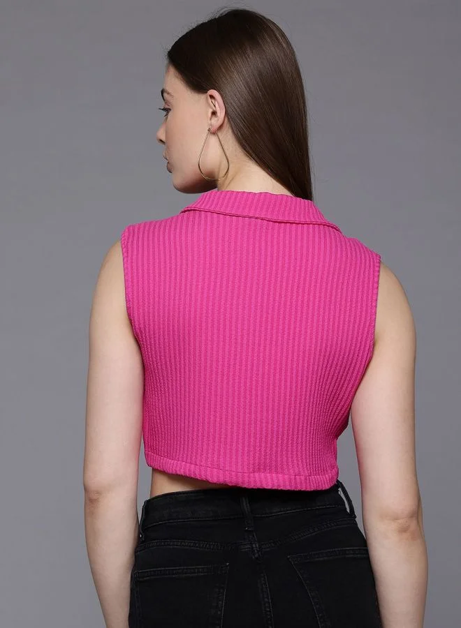 Freehand  Women Regular Fit Textured Shirt Collar Sleeveless Crop Top  | Best Price UAE
