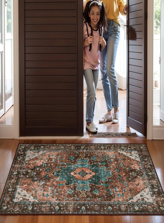 Ciicool Washable Vintage Area Rug, 2x3ft Small Boho Rug, Ultra Soft Rugs for Entryway, Non-Slip Entry Rugs Oriental Low-Pile Indoor Mat Floor Carpet for Entrance Bedroom Kitchen Bathroom Foyer Decor - Image 2