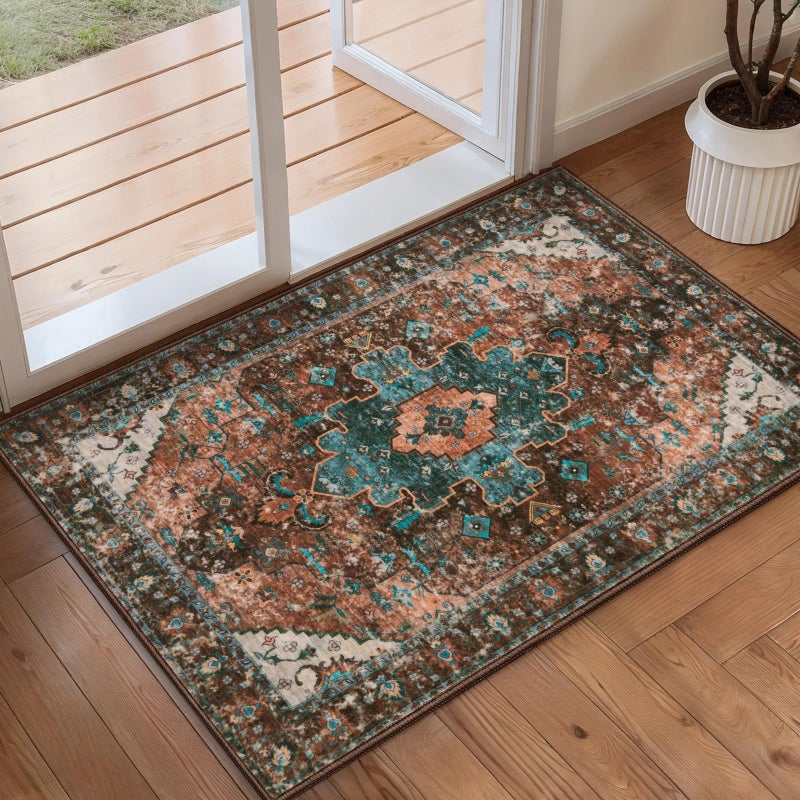 Ciicool Washable Vintage Area Rug, 2x3ft Small Boho Rug, Ultra Soft Rugs for Entryway, Non-Slip Entry Rugs Oriental Low-Pile Indoor Mat Floor Carpet for Entrance Bedroom Kitchen Bathroom Foyer Decor - Image 1