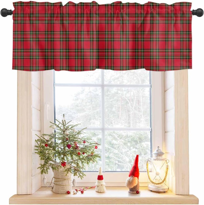 Christmas Curtain Valances Red Green Plaid Valance for Kitchen Windows Xmas Buffalo Checkered Rod Pocket Valance Curtains for Living Room Bedroom Small Windows Home Decor 60x18in - Image 1