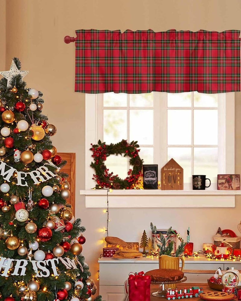 Christmas Curtain Valances Red Green Plaid Valance for Kitchen Windows Xmas Buffalo Checkered Rod Pocket Valance Curtains for Living Room Bedroom Small Windows Home Decor 60x18in - Image 4