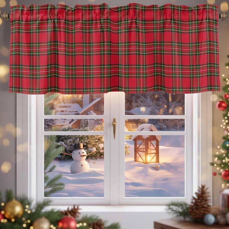 Christmas Curtain Valances Red Green Plaid Valance for Kitchen Windows Xmas Buffalo Checkered Rod Pocket Valance Curtains for Living Room Bedroom Small Windows Home Decor 60x18in - Image 5