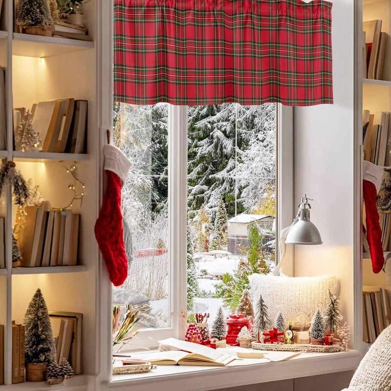 Christmas Curtain Valances Red Green Plaid Valance for Kitchen Windows Xmas Buffalo Checkered Rod Pocket Valance Curtains for Living Room Bedroom Small Windows Home Decor 60x18in - Image 3
