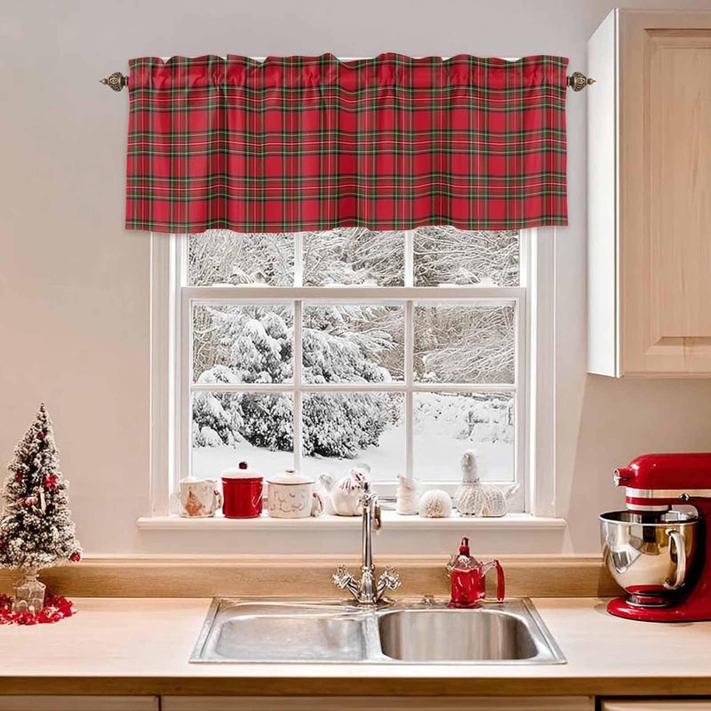 Christmas Curtain Valances Red Green Plaid Valance for Kitchen Windows Xmas Buffalo Checkered Rod Pocket Valance Curtains for Living Room Bedroom Small Windows Home Decor 60x18in - Image 2