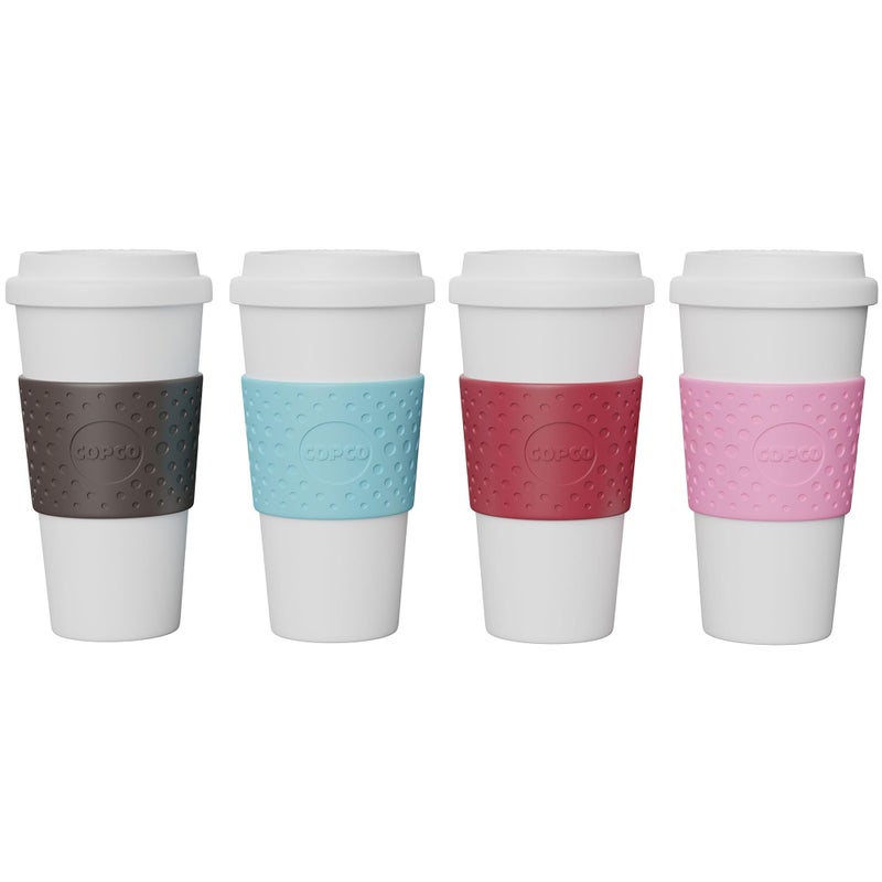 Copco Acadia Travel Mug 4Pack 16oz Insulated Coffee Mug with DoubleWalled Plastic LeakProof Lid  Microwave  Dishwasher Safe NonSlip Sleeve Hot  Cold Drinks  Bright Colors