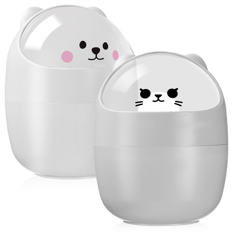 Mini Desktop Trash Can With Lid Cute Cat Design Small Waste Basket For Office Bedroom White Gray - Image 2