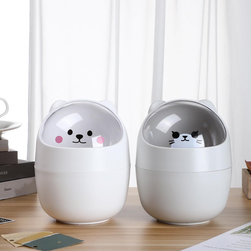 Mini Desktop Trash Can With Lid Cute Cat Design Small Waste Basket For Office Bedroom White Gray - Image 4