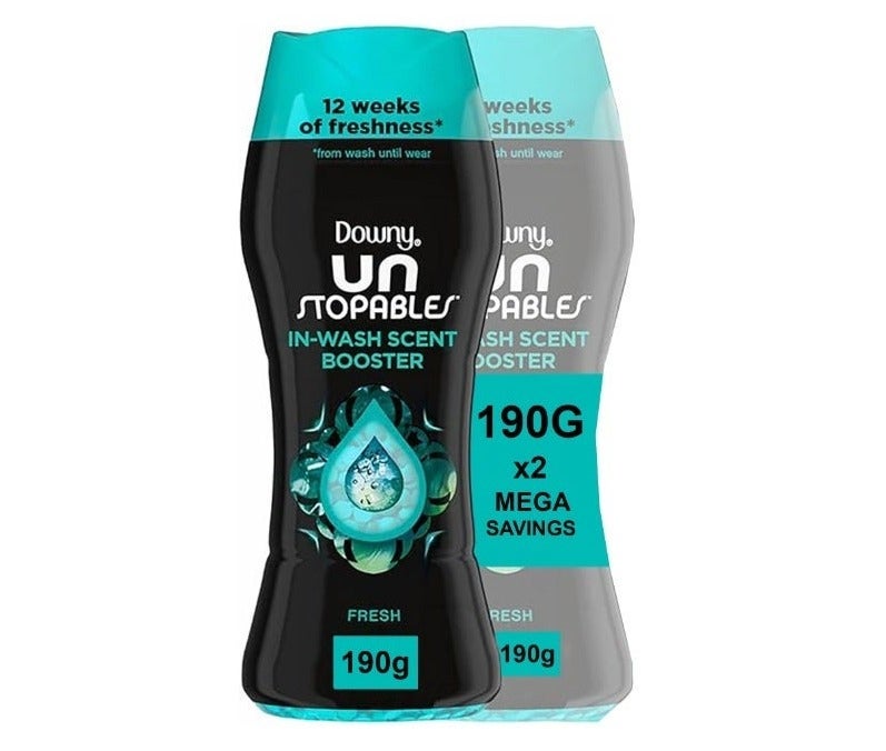 Downy Unstopables In-Wash Scent Booster Beads Fresh Fragrance Pack of 2 x 190g Long Lasting Laundry Freshener for Clothes Towels and Bedding - Image 1