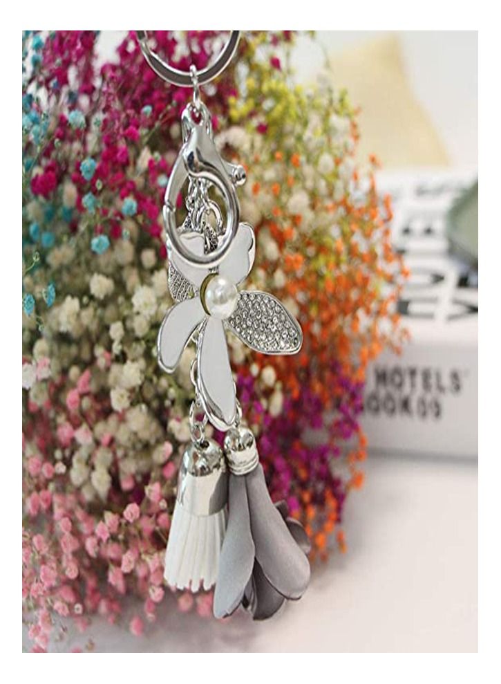 Flower Keychain for Women, Rhinestone Tassel Leaf Key Ring Women Wallet Bag Pendant Charms, Car Keys Handbag Purse Pendant, Rhinestone Charm Key Ring Bulk Cute Decoration, Kawaii Lanyard (Gray) - Image 2