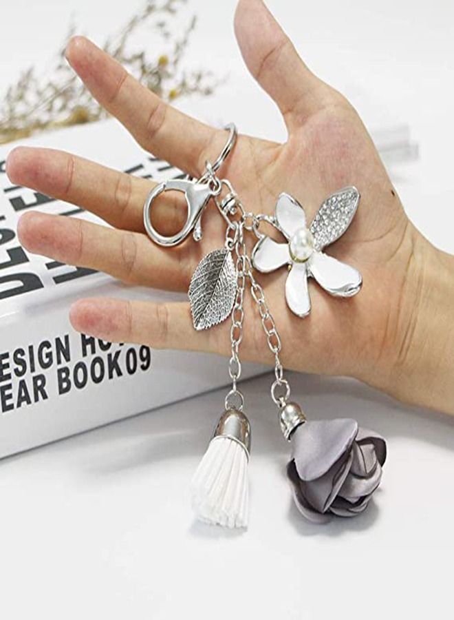 Flower Keychain for Women, Rhinestone Tassel Leaf Key Ring Women Wallet Bag Pendant Charms, Car Keys Handbag Purse Pendant, Rhinestone Charm Key Ring Bulk Cute Decoration, Kawaii Lanyard (Gray) - Image 3
