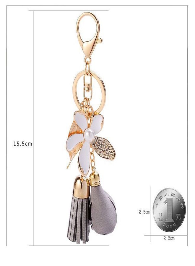 Flower Keychain for Women, Rhinestone Tassel Leaf Key Ring Women Wallet Bag Pendant Charms, Car Keys Handbag Purse Pendant, Rhinestone Charm Key Ring Bulk Cute Decoration, Kawaii Lanyard (Gray) - Image 5
