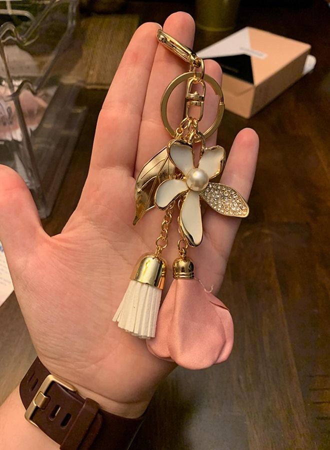 Flower Keychain for Women, Rhinestone Tassel Leaf Key Ring Women Wallet Bag Pendant Charms, Car Keys Handbag Purse Pendant, Rhinestone Charm Key Ring Bulk Cute Decoration, Kawaii Lanyard (Gray) - Image 4