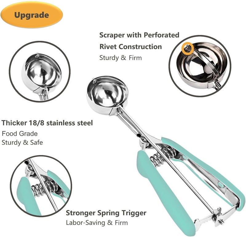 LLESCA Cookie Scoop Set, 3Pcs Ice Cream Scoop, Cookie Scoops for Baking Set of 3, 18/8 Stainless Steel Cookie Scooper for Baking, Ice Cream Scooper with Trigger Release, Mint Soft Grip Cookie Dough Scoop - Image 4