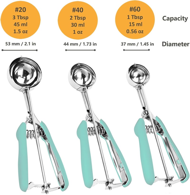 LLESCA Cookie Scoop Set, 3Pcs Ice Cream Scoop, Cookie Scoops for Baking Set of 3, 18/8 Stainless Steel Cookie Scooper for Baking, Ice Cream Scooper with Trigger Release, Mint Soft Grip Cookie Dough Scoop - Image 2