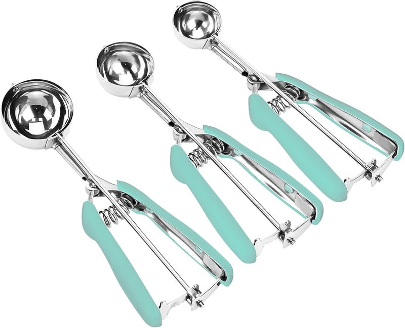 LLESCA Cookie Scoop Set, 3Pcs Ice Cream Scoop, Cookie Scoops for Baking Set of 3, 18/8 Stainless Steel Cookie Scooper for Baking, Ice Cream Scooper with Trigger Release, Mint Soft Grip Cookie Dough Scoop - Image 1