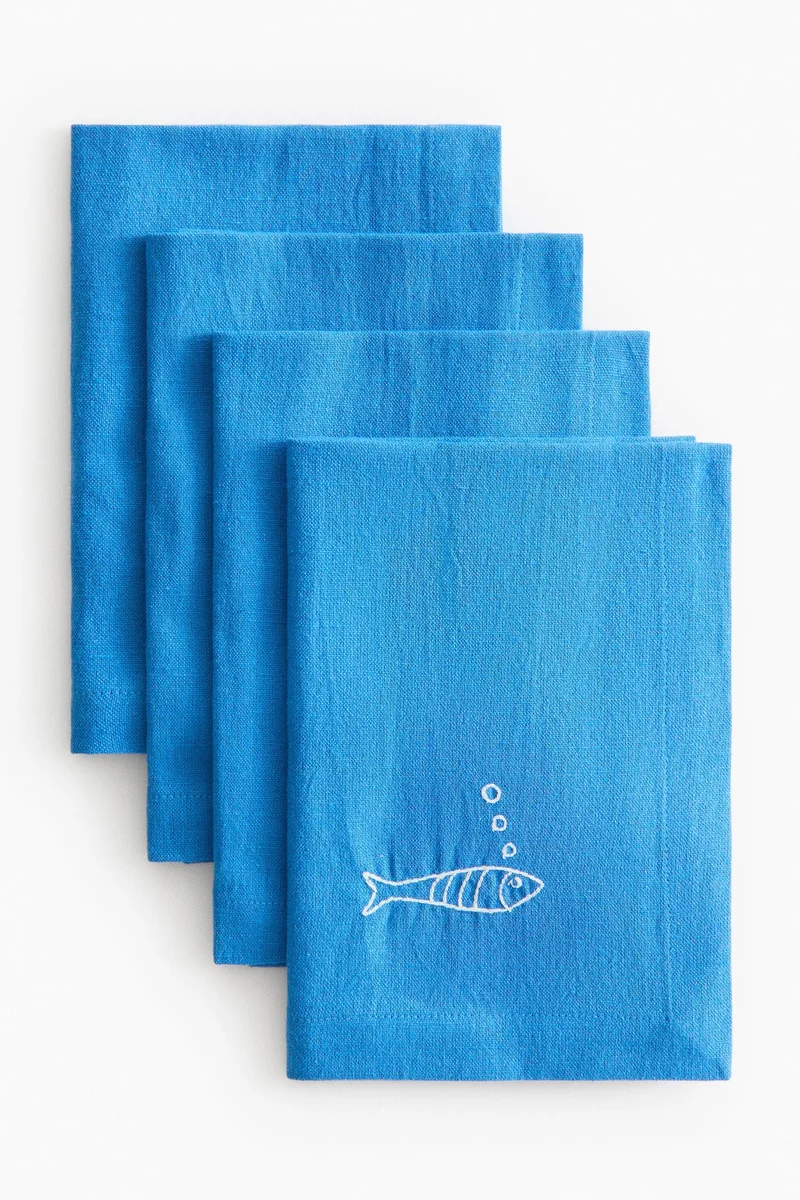 H&M 4-pack embroidery-detail linen-blend napkins