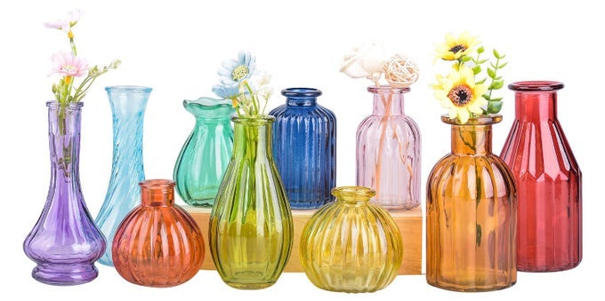 BUD VASES FOR FLOWERSGLASS COLORED BUD VASE IN BULK SET OF 10SMALL VINTAGE VASE BOTTLE FOR WEDDING DECORATIONSGARDEN AND HOME DECORCENTERPIECESCOLORFUL MEXICAN DCOR