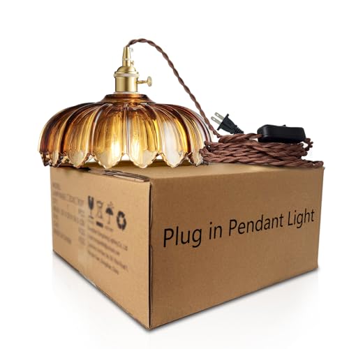 XZHGCEE Hanging Lamp Plug in Pendant Light Amber Glass Hanging Lamp Plug in 147ft Swag Lamp Cord with OnOff Switch for Kitchen IslandDining RoomBedroomLiving Room Hanging Light No Bulb - Image 3