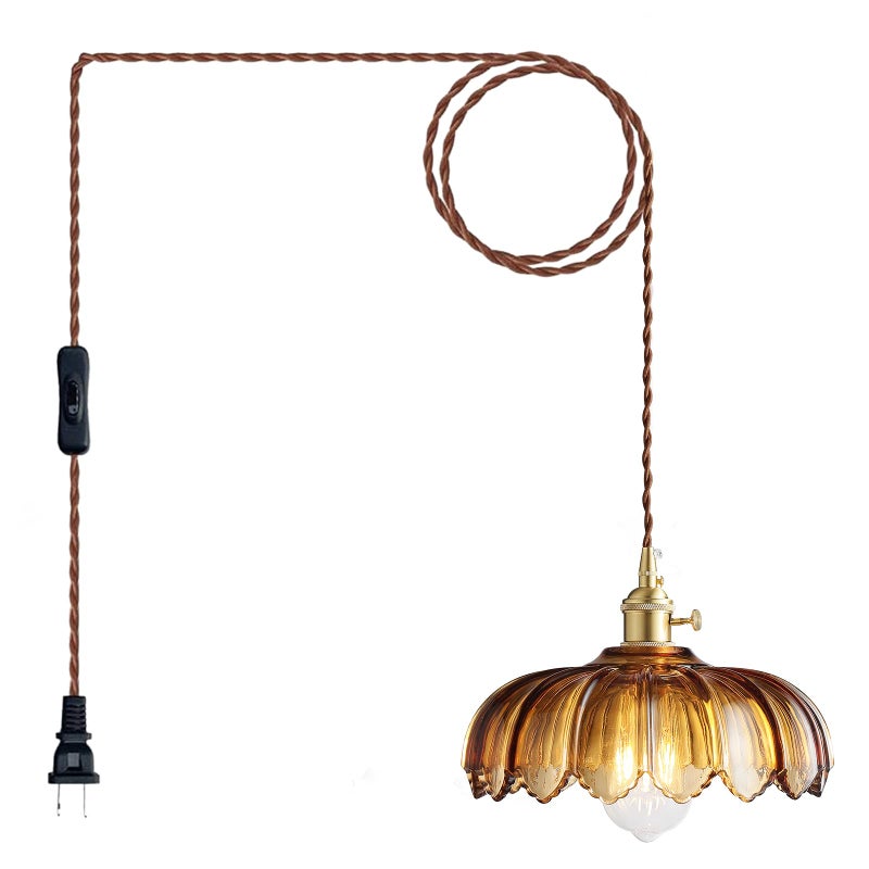 XZHGCEE Hanging Lamp Plug in Pendant Light Amber Glass Hanging Lamp Plug in 147ft Swag Lamp Cord with OnOff Switch for Kitchen IslandDining RoomBedroomLiving Room Hanging Light No Bulb - Image 2