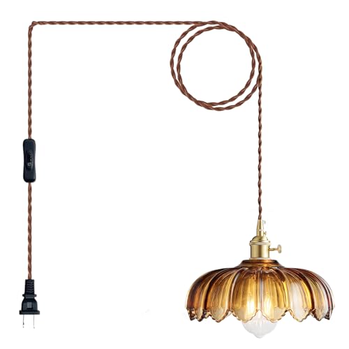 XZHGCEE Hanging Lamp Plug in Pendant Light Amber Glass Hanging Lamp Plug in 147ft Swag Lamp Cord with OnOff Switch for Kitchen IslandDining RoomBedroomLiving Room Hanging Light No Bulb - Image 1