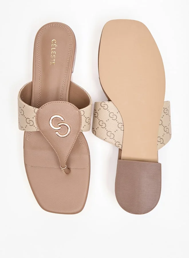 سيليست Women's Monogram Print Slip-On Sandals with Metallic Accent