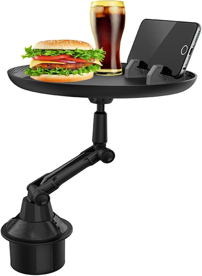 SUKILO Multifunctional Car Drink Holder & Dining Table with 360° Rotating Adjustable Food Plate, Extendable Base, Cup & Accessory Holder – Portable Car Tray for Food, Coffee, Keys, Lipstick – Easy Installation  - Image 1