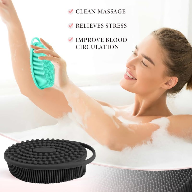 KQNBI Silicone Body Scrubber 2 Pack - 2 in 1 Exfoliating Loofah With Handle for Shower - Bath Scrub and Scalp Massager Shampoo Brush - Image 2